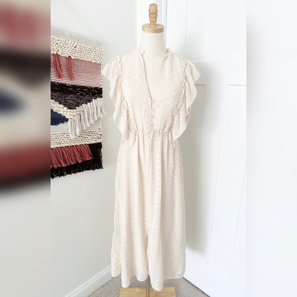 ZARA Embroidered Dotted Mesh Ruffled Midi Dress Cream Size XL NWT